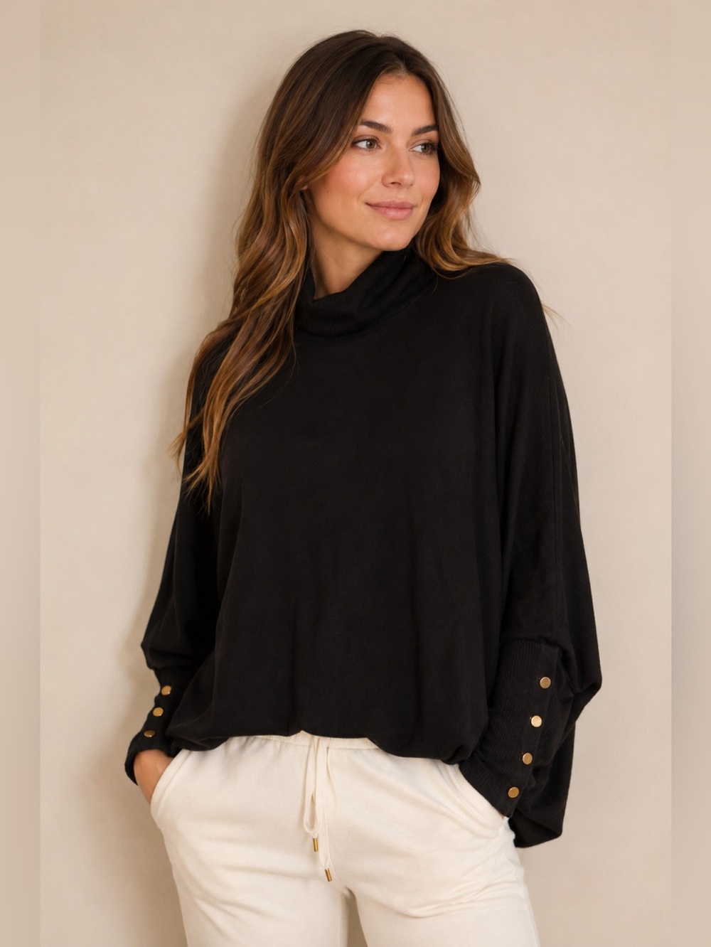 Alfani Black Turtleneck Button-Cuff Women's Sweater M